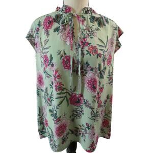 Counterparts Women's Large Blouse Floral Ruffles Tie Neckline Sleeveless Sheer